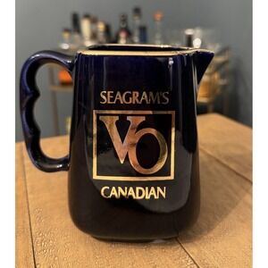 Vintage Seagram's VO Canadian Whiskey Cobalt Blue Pub Jug Pitcher Gold Trim